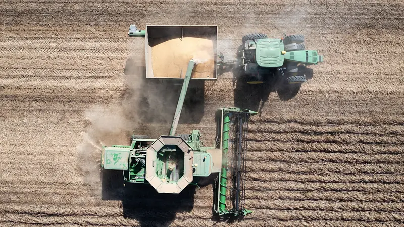Vista aérea de cima de uma colheitadeira descarregando grãos num transbordo puxado por trator