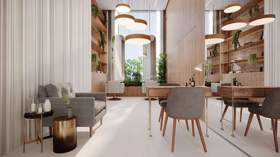 Beauty space com cadeiras de atendimento, mesa clara ao centro e marcenaria de madeira ao fundo