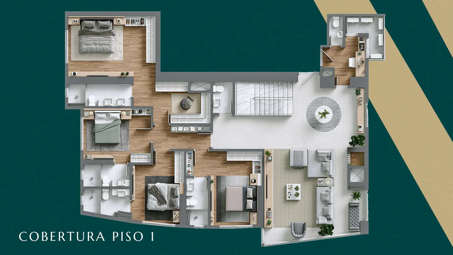 Planta do primeiro piso da cobertura duplex, com quatro suítes, living amplo e escada interna