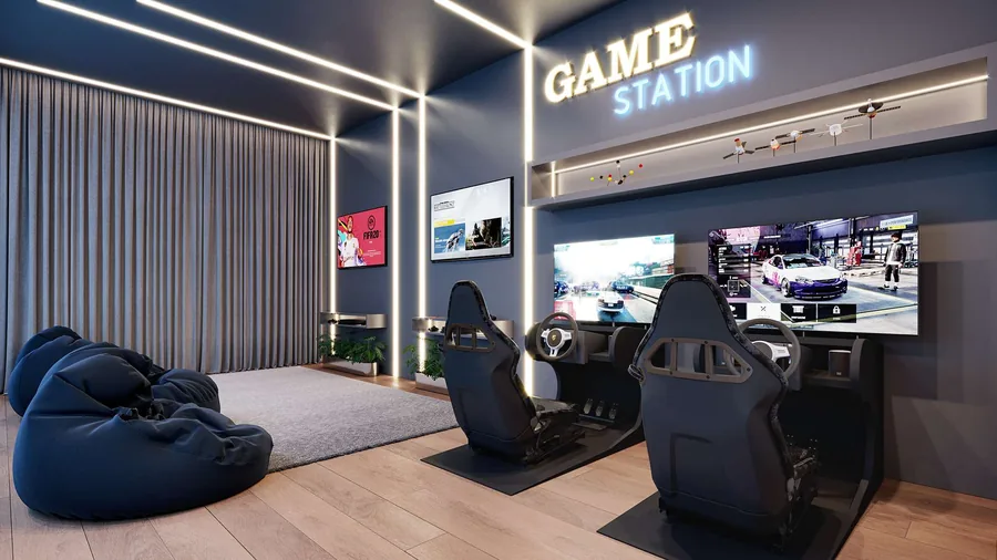 Game room com simuladores de corrida, puffs no chão e telas grandes na parede