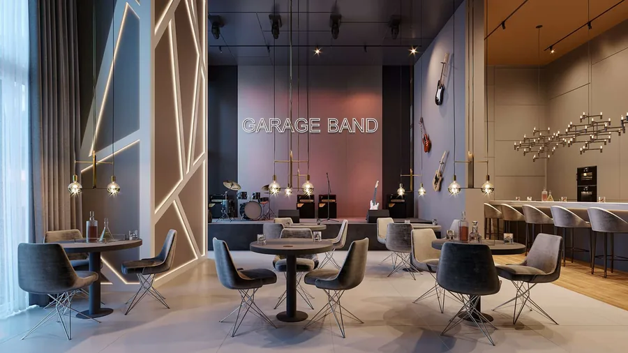 Garage band com mesas altas, poltronas escuras e parede de instrumentos e discos ao fundo