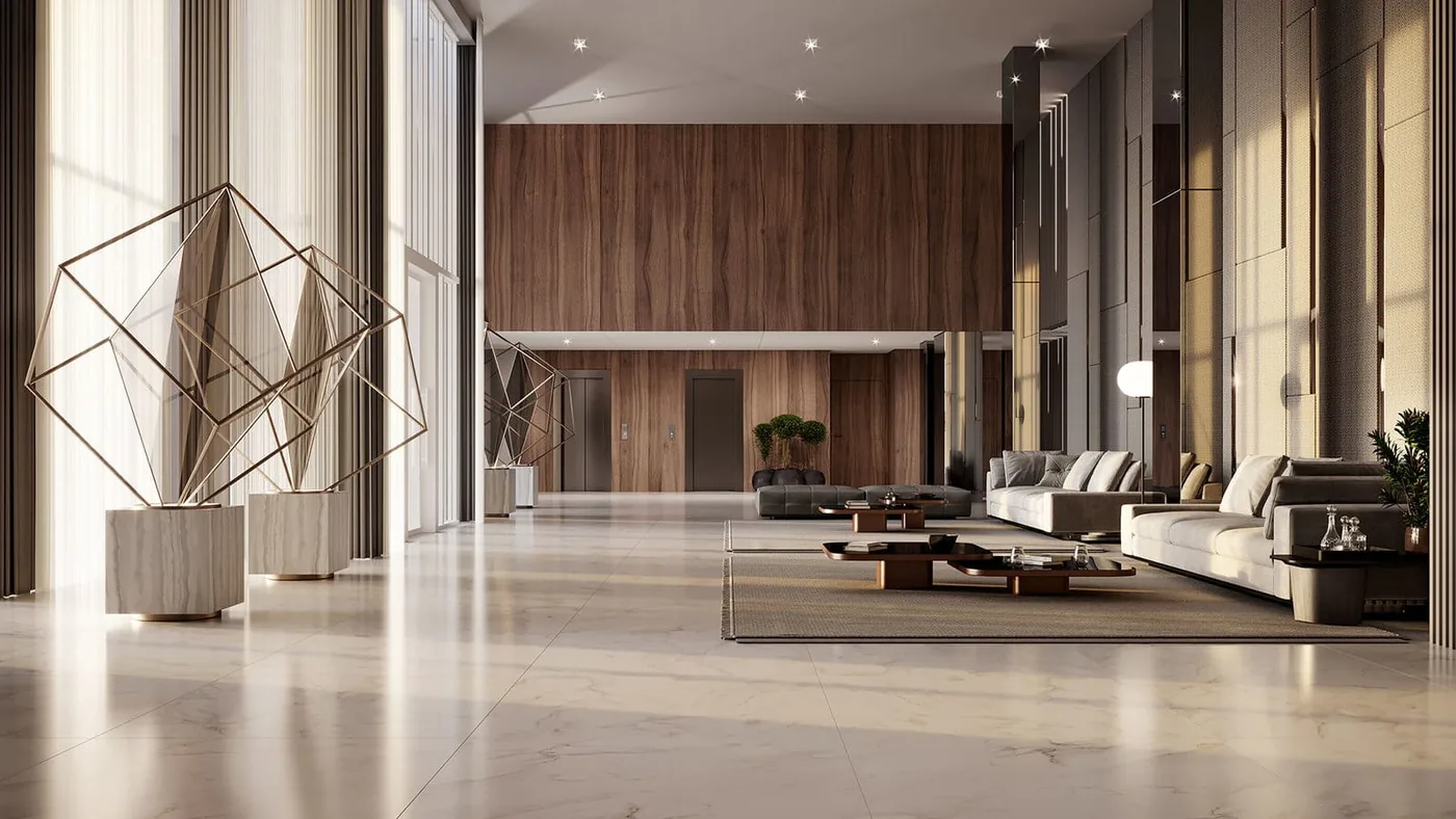 Hall de entrada com pé-direito alto, escultura geométrica vazada, piso de mármore claro e estar com sofás ao fundo