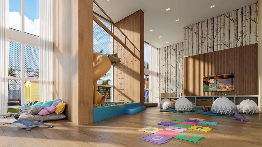 Espaço kids com escorregador de madeira, tapete de peças coloridas, nichos de brinquedos e pé-direito duplo