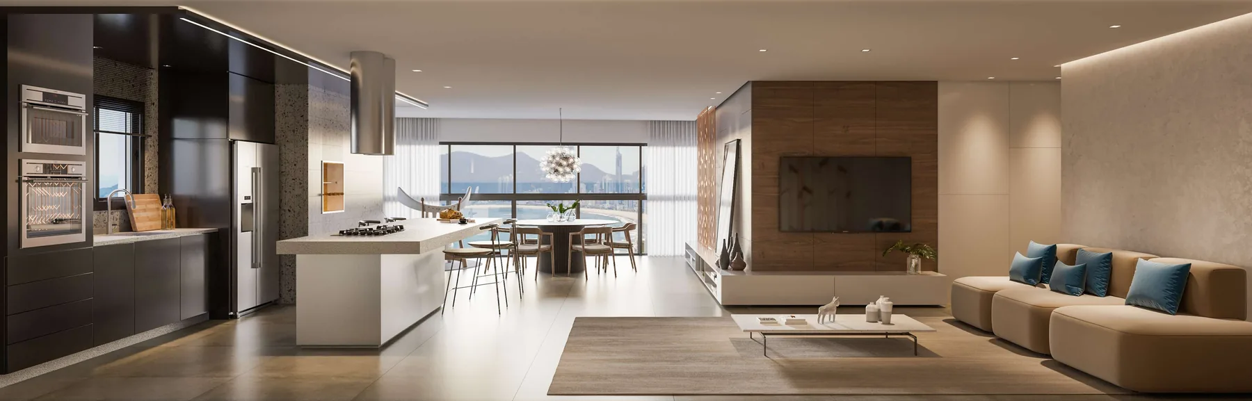 Living do apartamento em vista panorâmica, com cozinha integrada à esquerda, mesa de jantar ao centro e estar com sofá à direita
