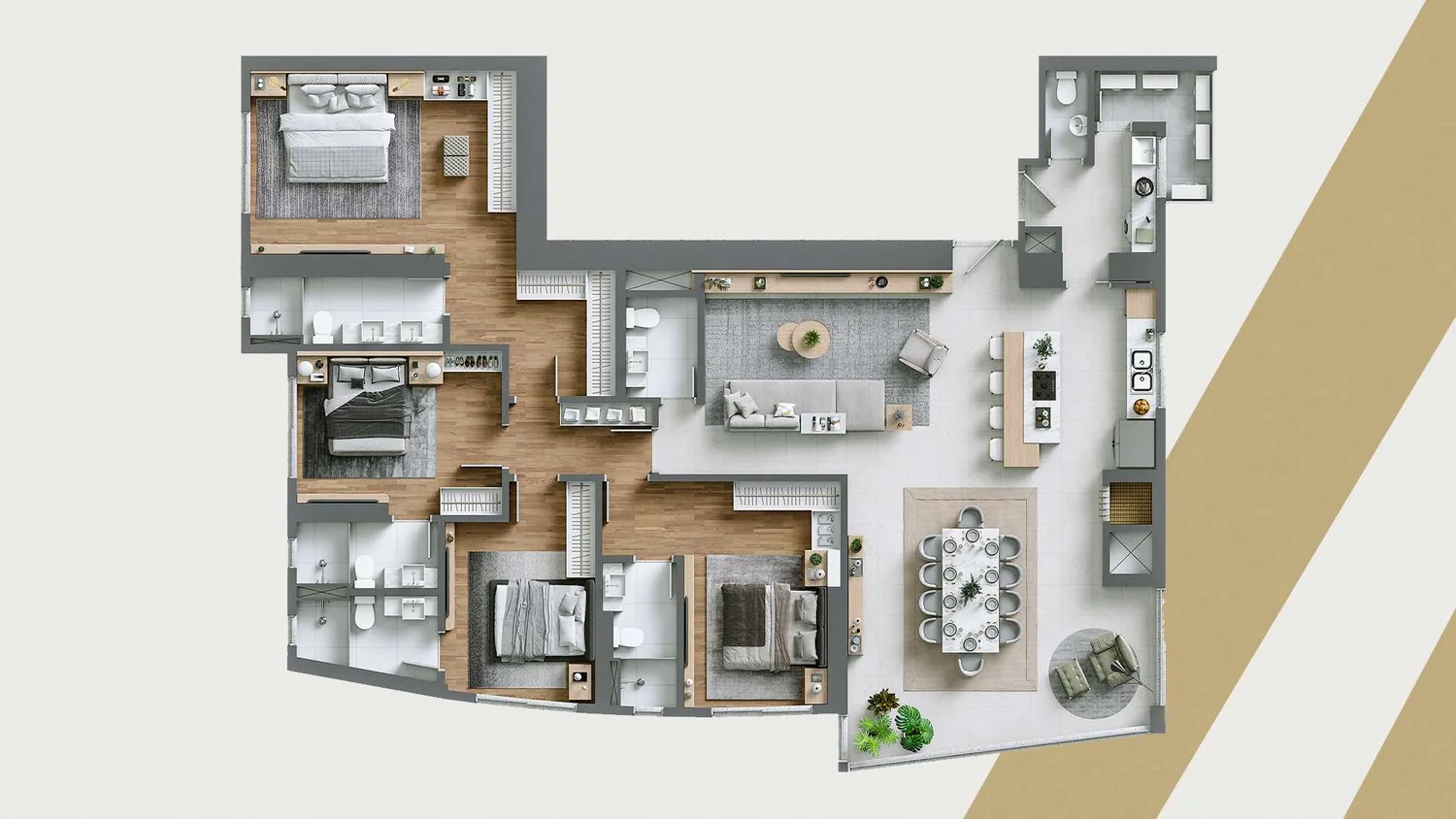 Planta do apartamento tipo, com living integrado à cozinha, quatro suítes e varanda com churrasqueira
