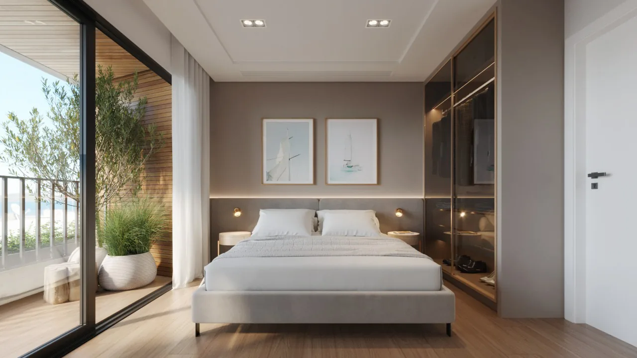 Suíte Superior do Artesano, com cama, área de estar e varanda envidraçada