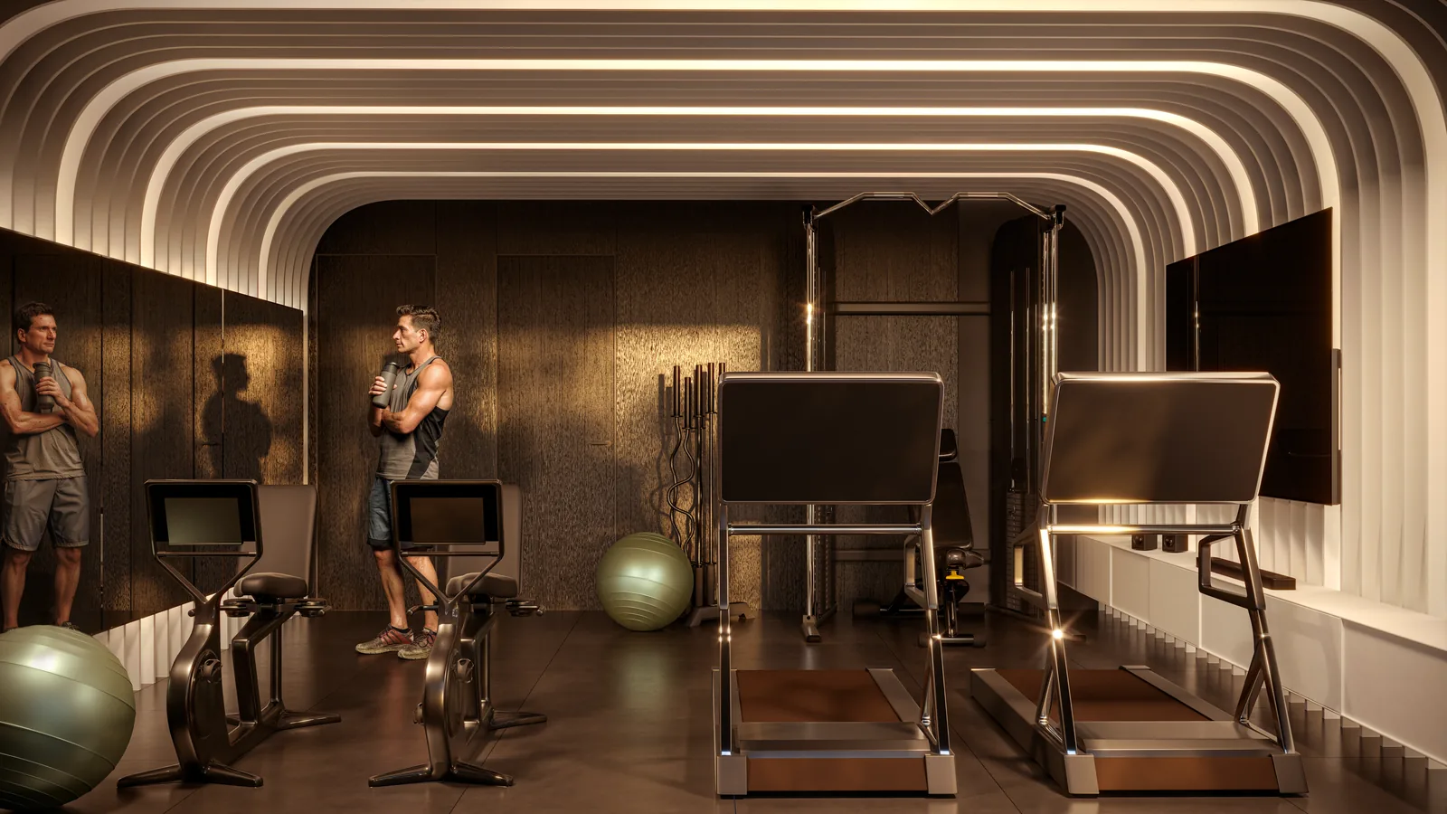 Academia com esteiras e bicicletas diante dos espelhos, forro curvo iluminado em faixas e bolas de pilates no canto