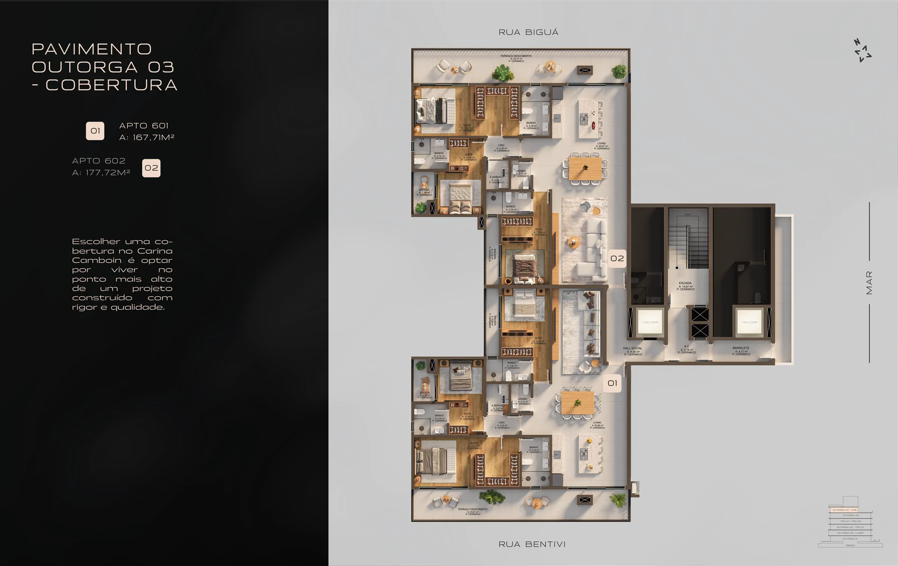 Planta do pavimento de cobertura do Carina Camboin, com as duas unidades, cada uma com três suítes, living amplo e terraço descoberto