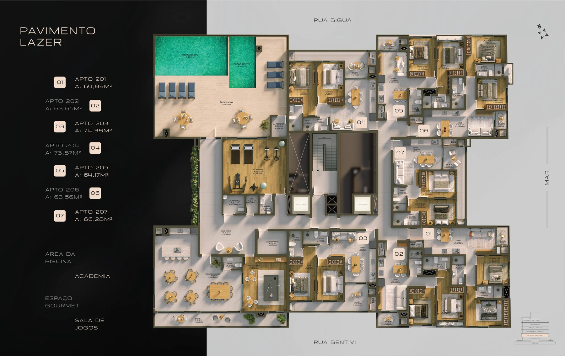 Planta do segundo pavimento do Carina Camboin, com a piscina adulto e a infantil de um lado, a academia, o espaço gourmet e a sala de jogos, e sete apartamentos no restante do andar