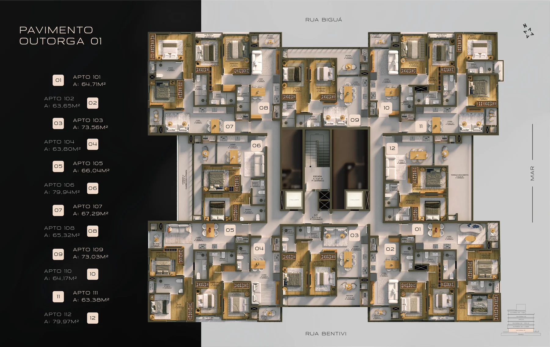 Planta do primeiro pavimento do Carina Camboin, com doze apartamentos em volta do hall central, cada um com living, suíte, dormitório e sacada