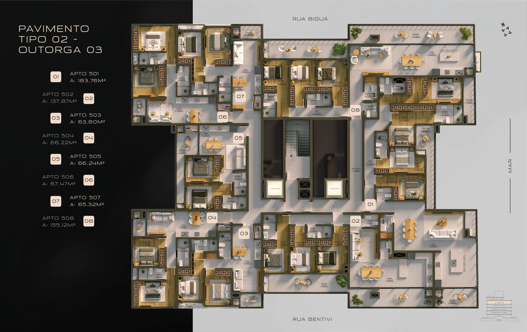Planta do quinto pavimento do Carina Camboin, com oito apartamentos, entre eles o 501 de 183,76 metros quadrados e o 508 de 155,12