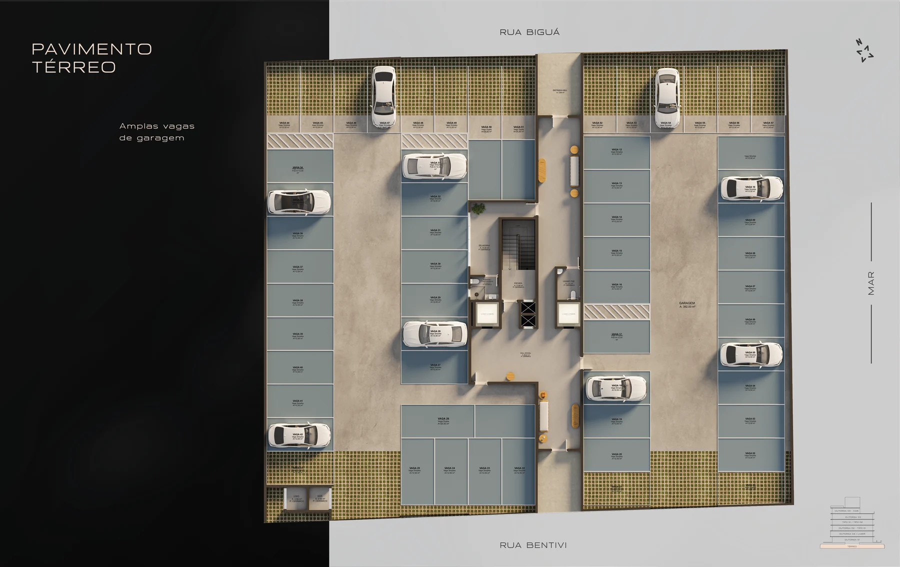 Planta do pavimento térreo do Carina Camboin, com as duas alas de garagem, o hall social, a zeladoria e os acessos pelas duas ruas