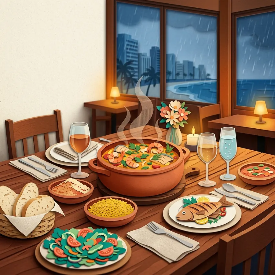 Mesa posta com frutos do mar e pães, junto a uma janela com chuva e o mar ao fundo