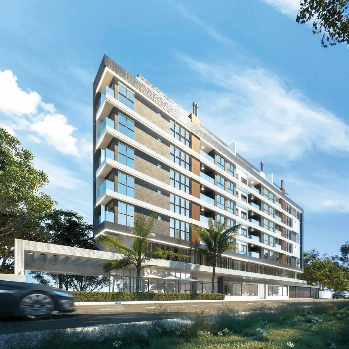 Fachada do El Shaddai Residence de dia, com volumes brancos e madeira, sacadas corridas e o embasamento aberto para a rua