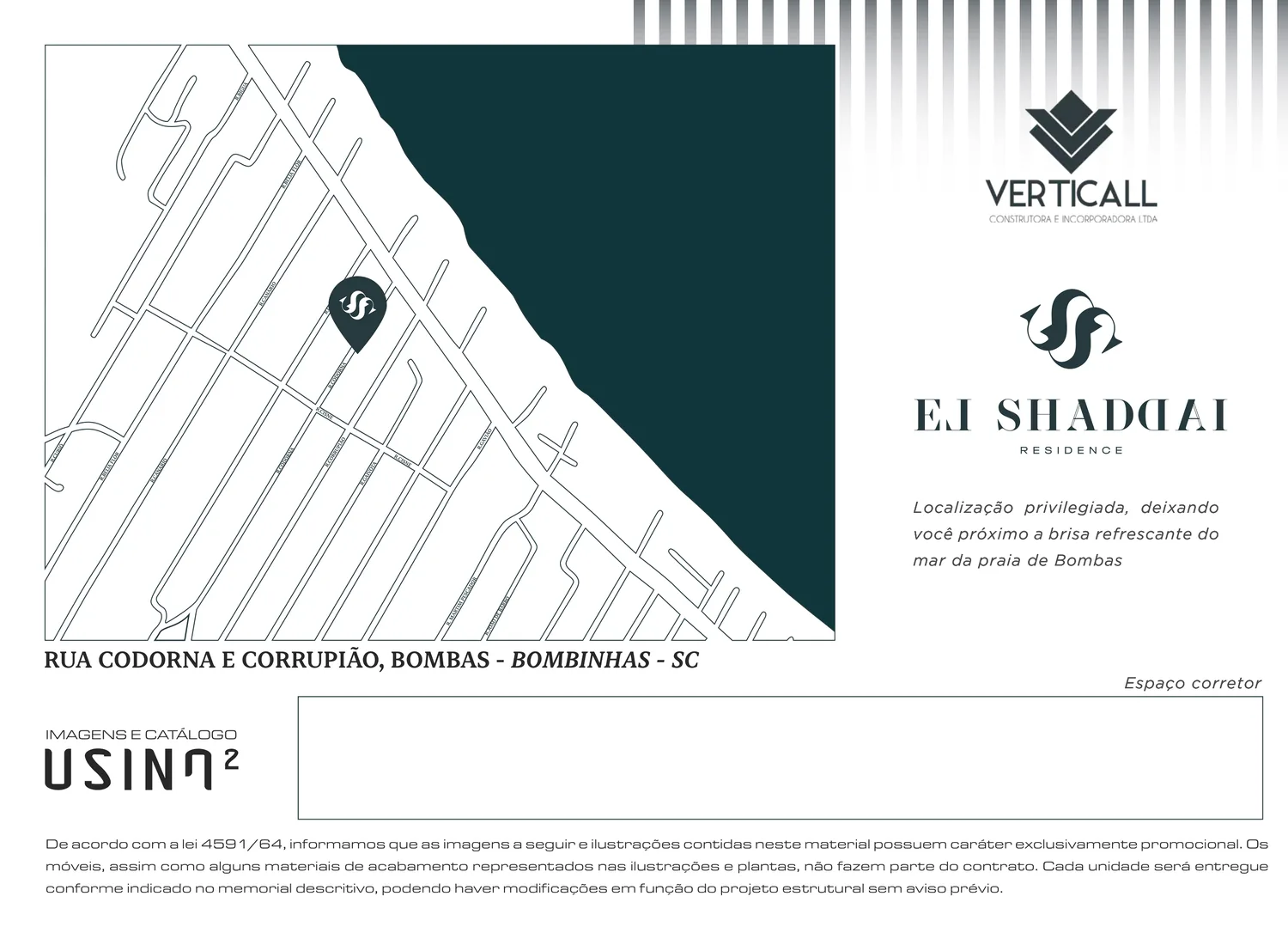 Mapa esquemático do bairro de Bombas com a posição do El Shaddai assinalada, a malha de ruas e a faixa de praia