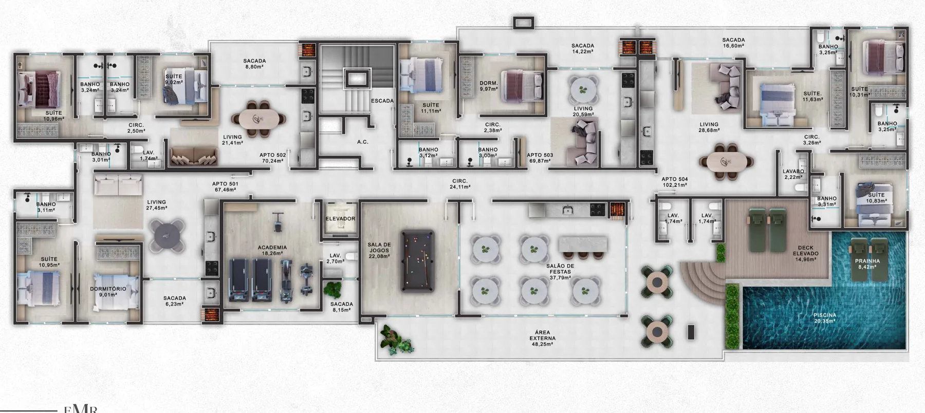 Planta da cobertura do Enedina Mercedes, com a piscina e a área externa à direita, e academia, salão de festas e sala de jogos ao longo do pavimento