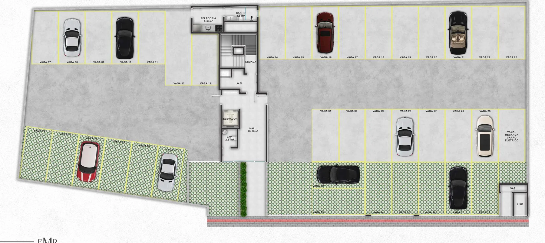 Planta do térreo do Enedina Mercedes, com as vagas de garagem numeradas, o acesso de veículos e a faixa de jardim na frente do terreno