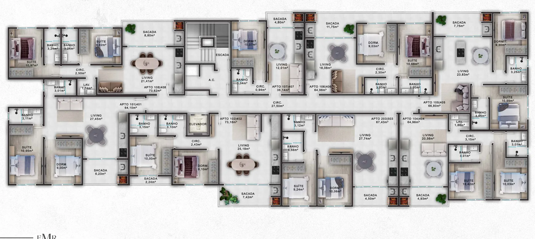 Planta do pavimento tipo do Enedina Mercedes, com os apartamentos lado a lado, cada um com living, dois dormitórios e sacada, identificados com número e metragem