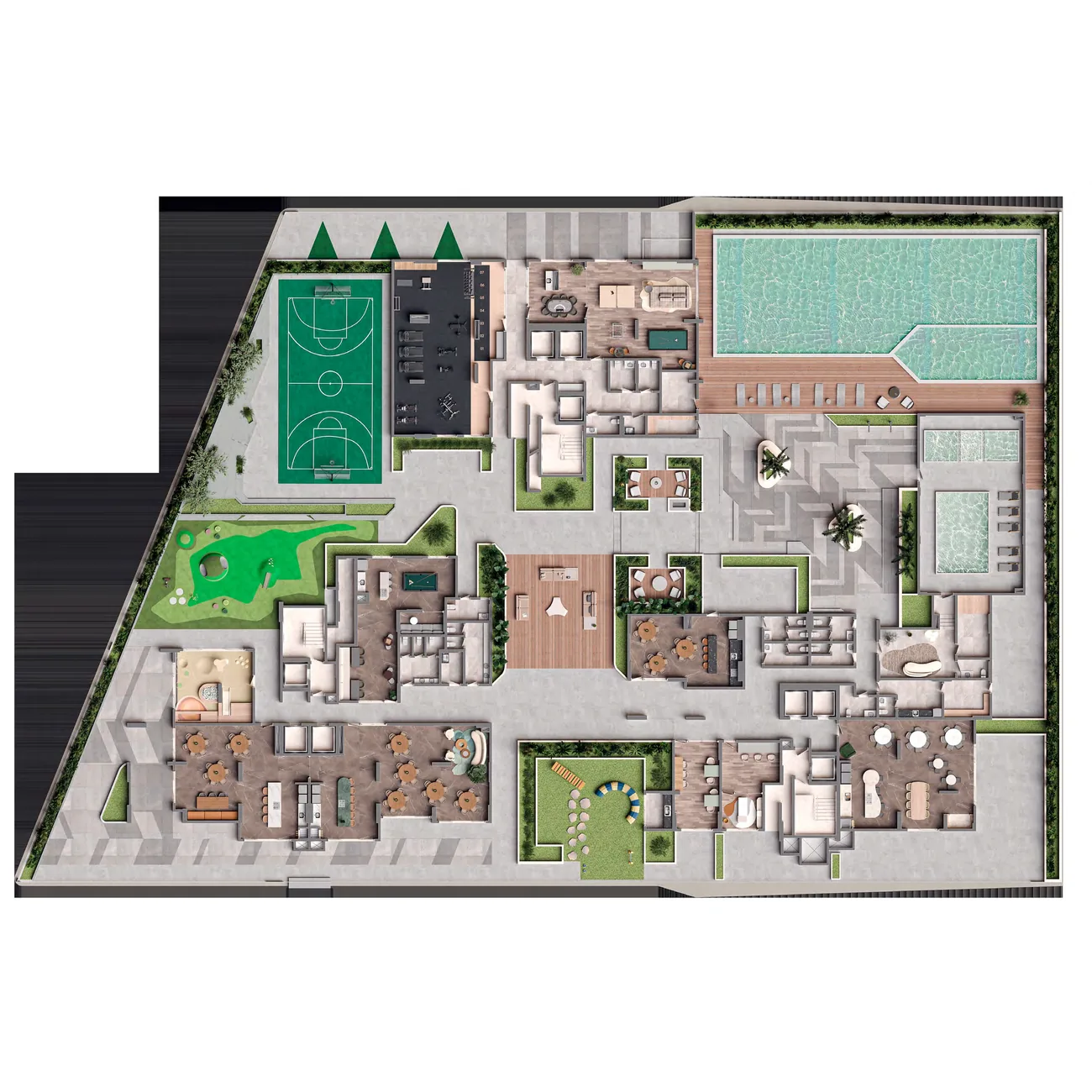 Planta do pavimento de lazer, com os ambientes numerados, a piscina, a quadra e os jardins