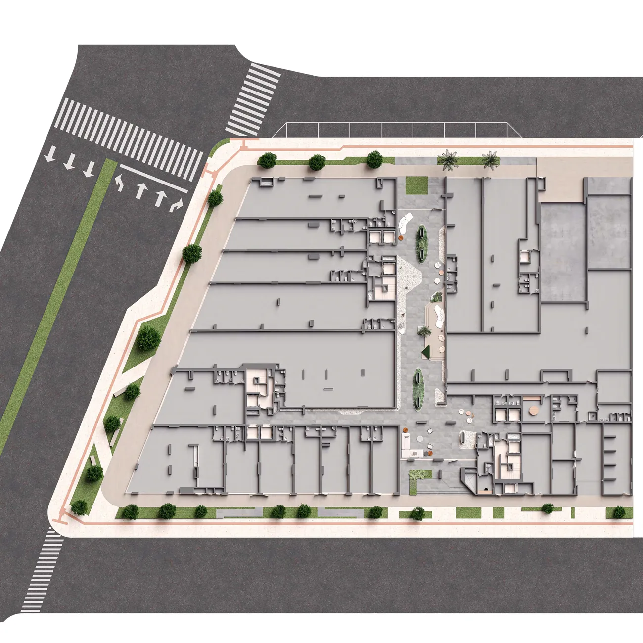 Planta do térreo, com as três torres, os acessos de moradores e de garagem e as salas comerciais voltadas para as ruas