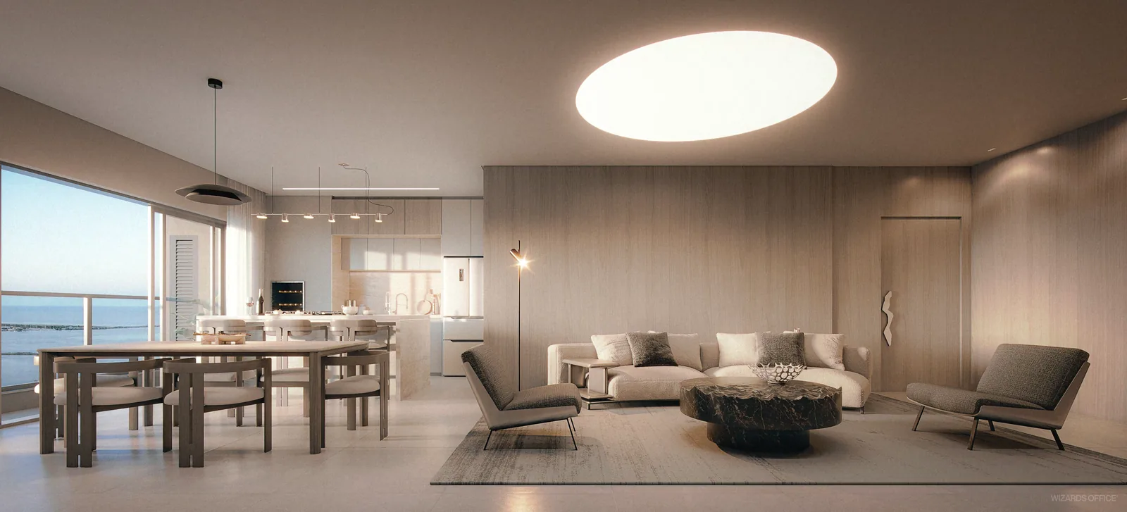 Living integrado do apartamento de quatro suítes, com mesa de jantar à esquerda, sofá ao centro e esquadrias abertas para a varanda