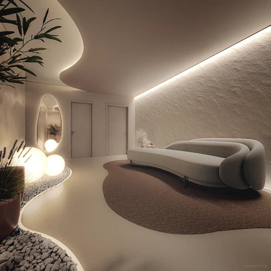 Oásis, sala de descanso com paredes curvas, chaise orgânica, iluminação indireta e piso de seixos