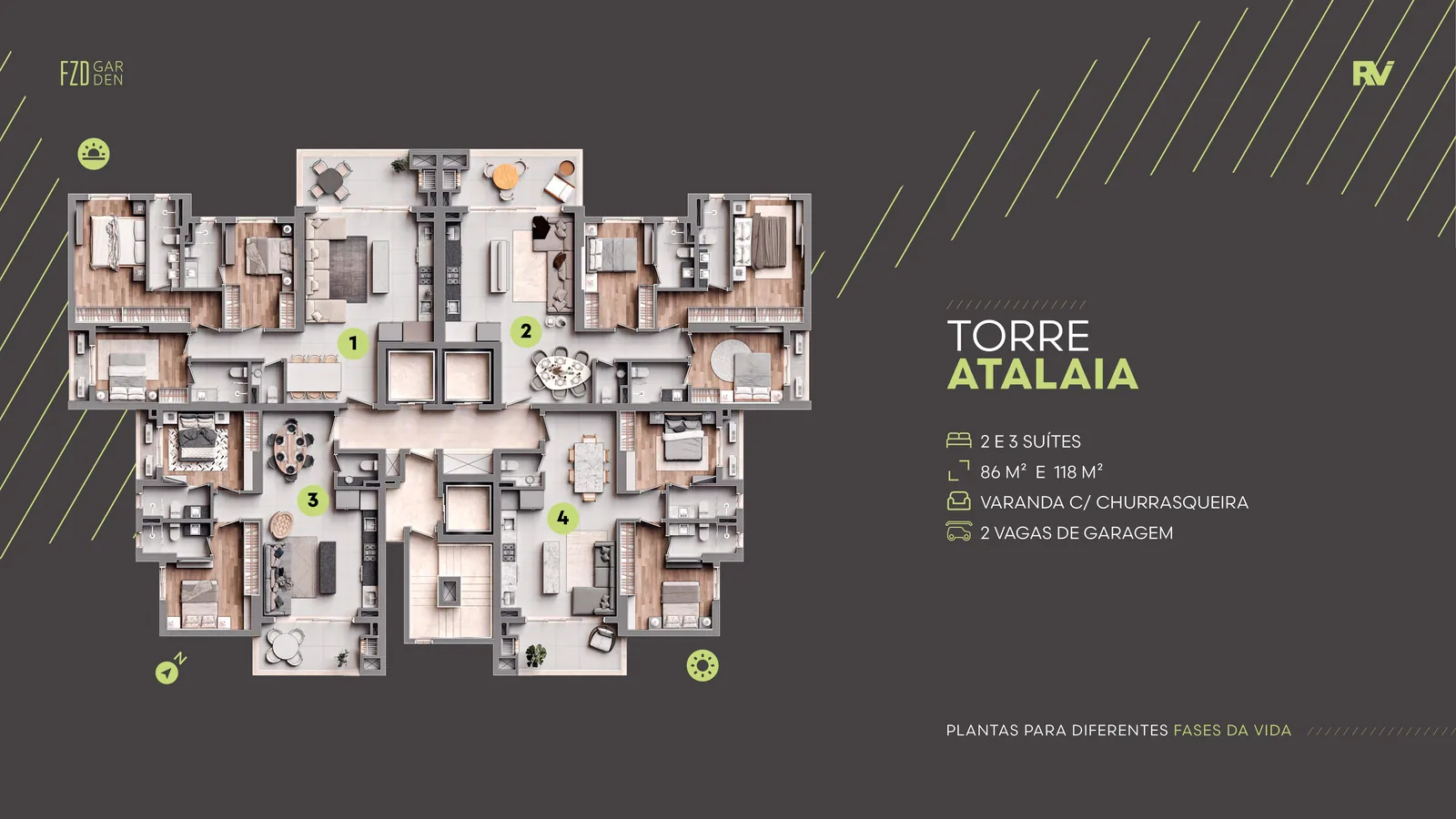 Planta do pavimento tipo da Torre Atalaia, com apartamentos de duas e três suítes e varanda com churrasqueira