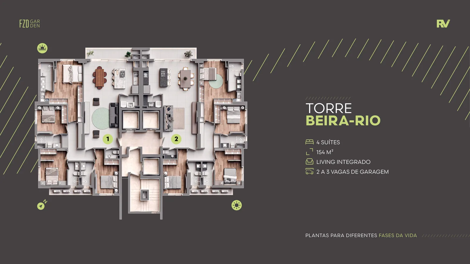 Planta do pavimento tipo da Torre Beira-Rio, com apartamentos de quatro suítes e living integrado