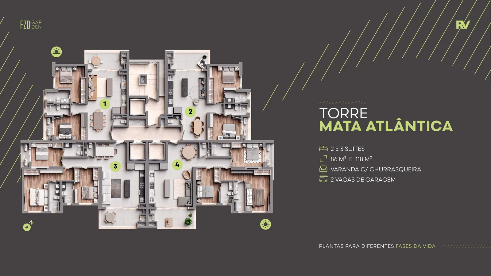 Planta do pavimento tipo da Torre Mata Atlântica, com apartamentos de duas e três suítes e varanda com churrasqueira