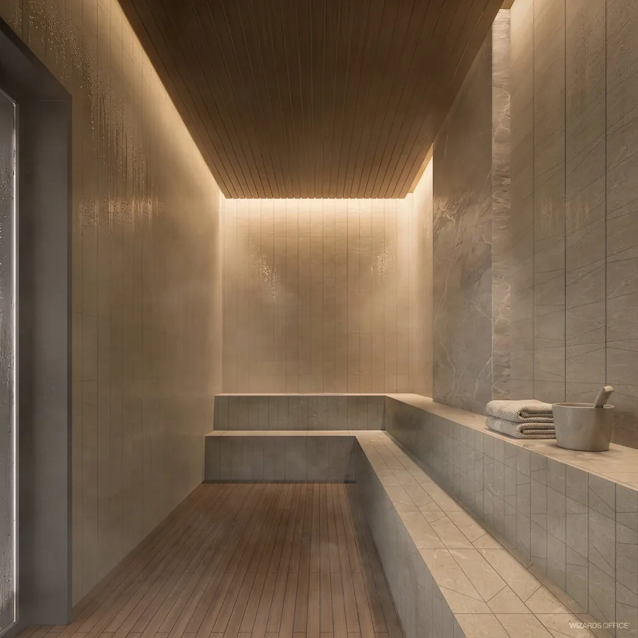 Sauna revestida em madeira clara, com banco corrido e iluminação embutida no forro