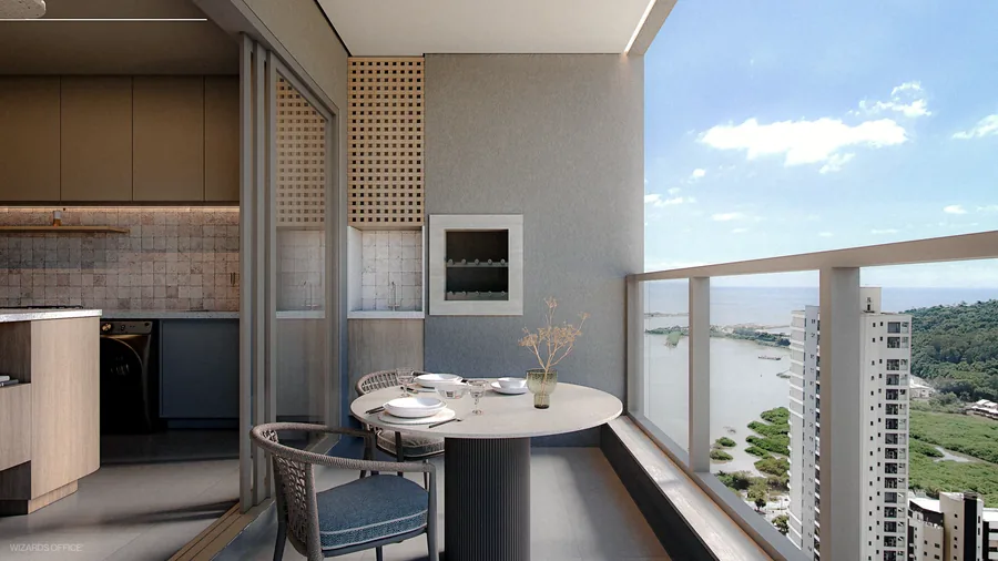 Varanda com churrasqueira do apartamento de duas suítes, com mesa redonda para quatro e vista para o rio