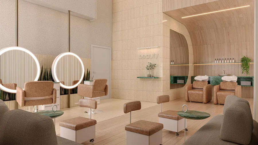 Espaço beauty com cadeiras, espelhos circulares iluminados e estações de manicure