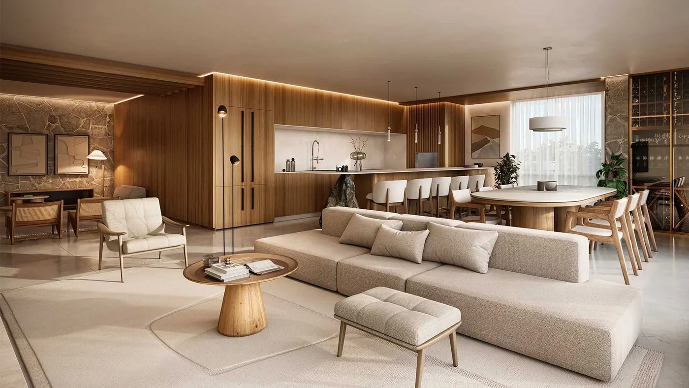 Living de apartamento com sofá claro, mesa de centro redonda e esquadrias abertas para a varanda