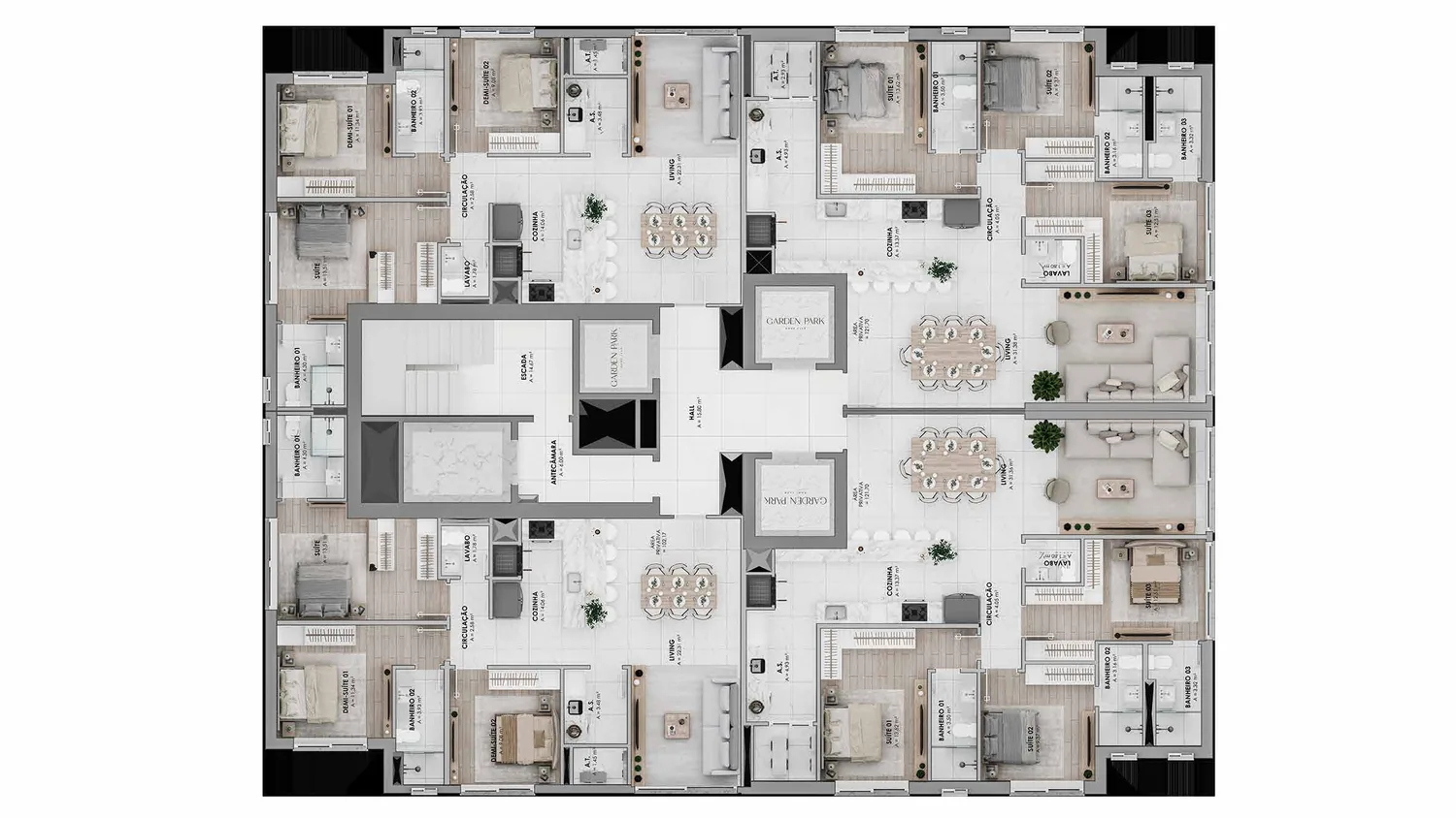 Planta do pavimento tipo das Torres Mar e Jardim, com quatro apartamentos por andar