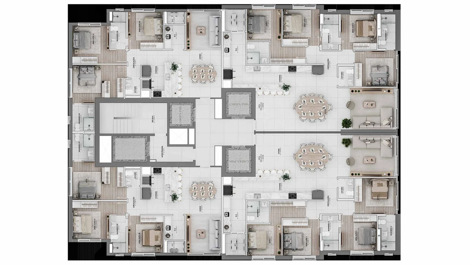 Planta do pavimento tipo da Torre Sol, com quatro apartamentos por andar e a orientação de sol e vista marcada