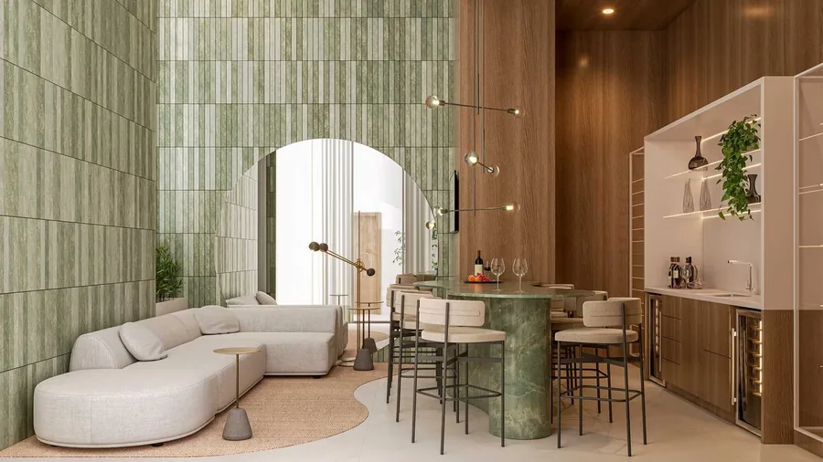 Wine bar com revestimento verde, bancada alta e adega embutida