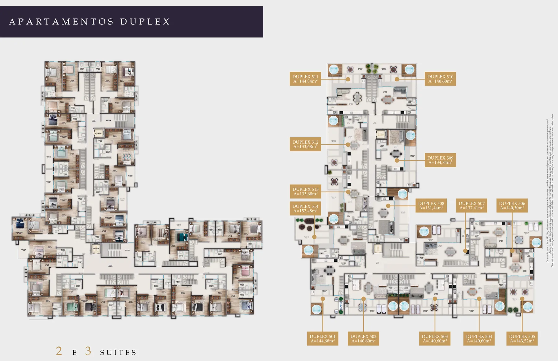 Plantas dos apartamentos duplex do Gralha Azul, nos dois pavimentos, com os terraços descobertos e as unidades identificadas com número e metragem