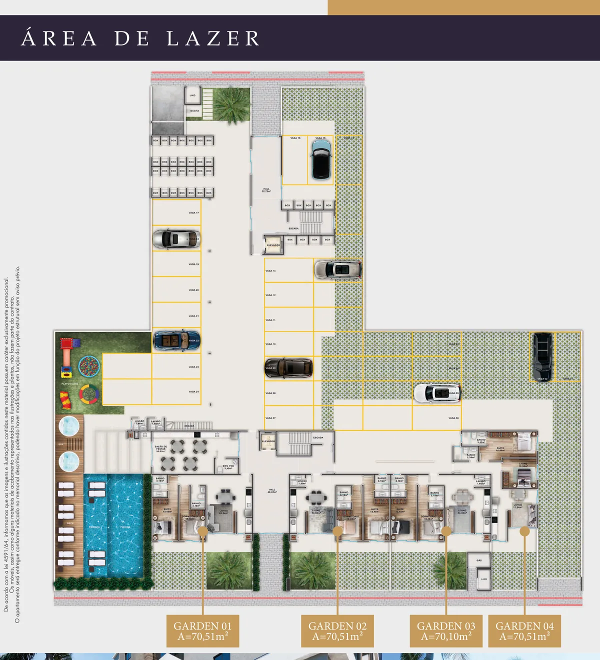 Planta da área de lazer do Gralha Azul, com a piscina e o deck à esquerda, a garagem ao centro e os quatro apartamentos garden na faixa de baixo