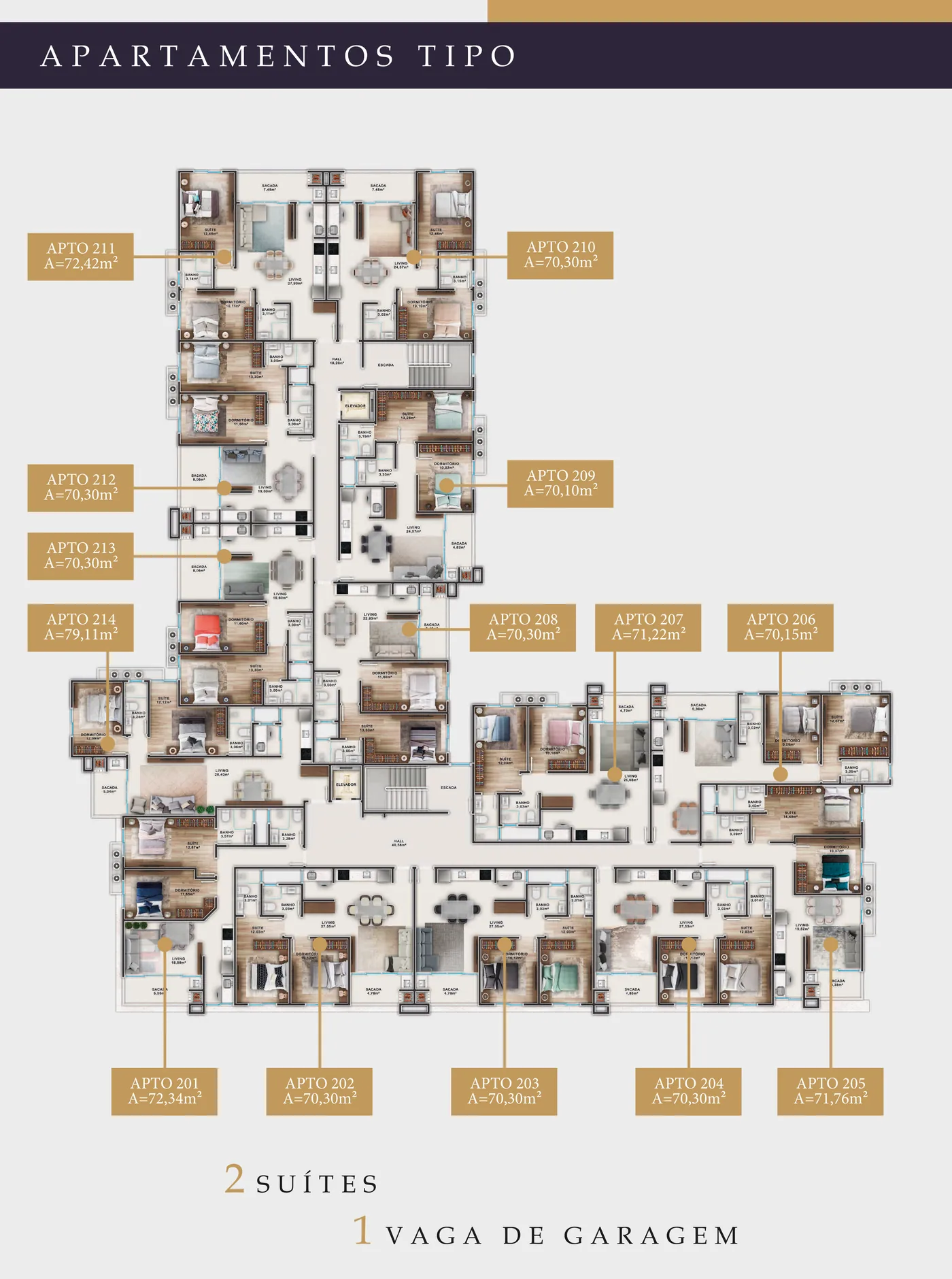 Planta do pavimento tipo do Gralha Azul, com catorze apartamentos em volta do núcleo de circulação, cada um identificado com número e metragem