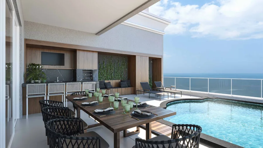 Espaço grill da cobertura, com churrasqueira, mesa para oito e a piscina do terraço ao lado