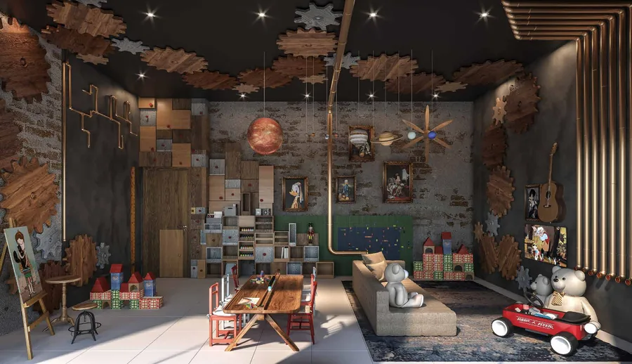 Kids Lab com prateleiras de brinquedos, carrinho de pedal e painéis lúdicos nas paredes
