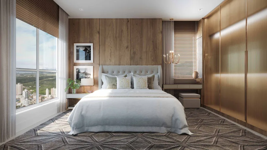 Suíte master do apartamento tipo, com cama de casal, marcenaria em madeira e janela para o mar