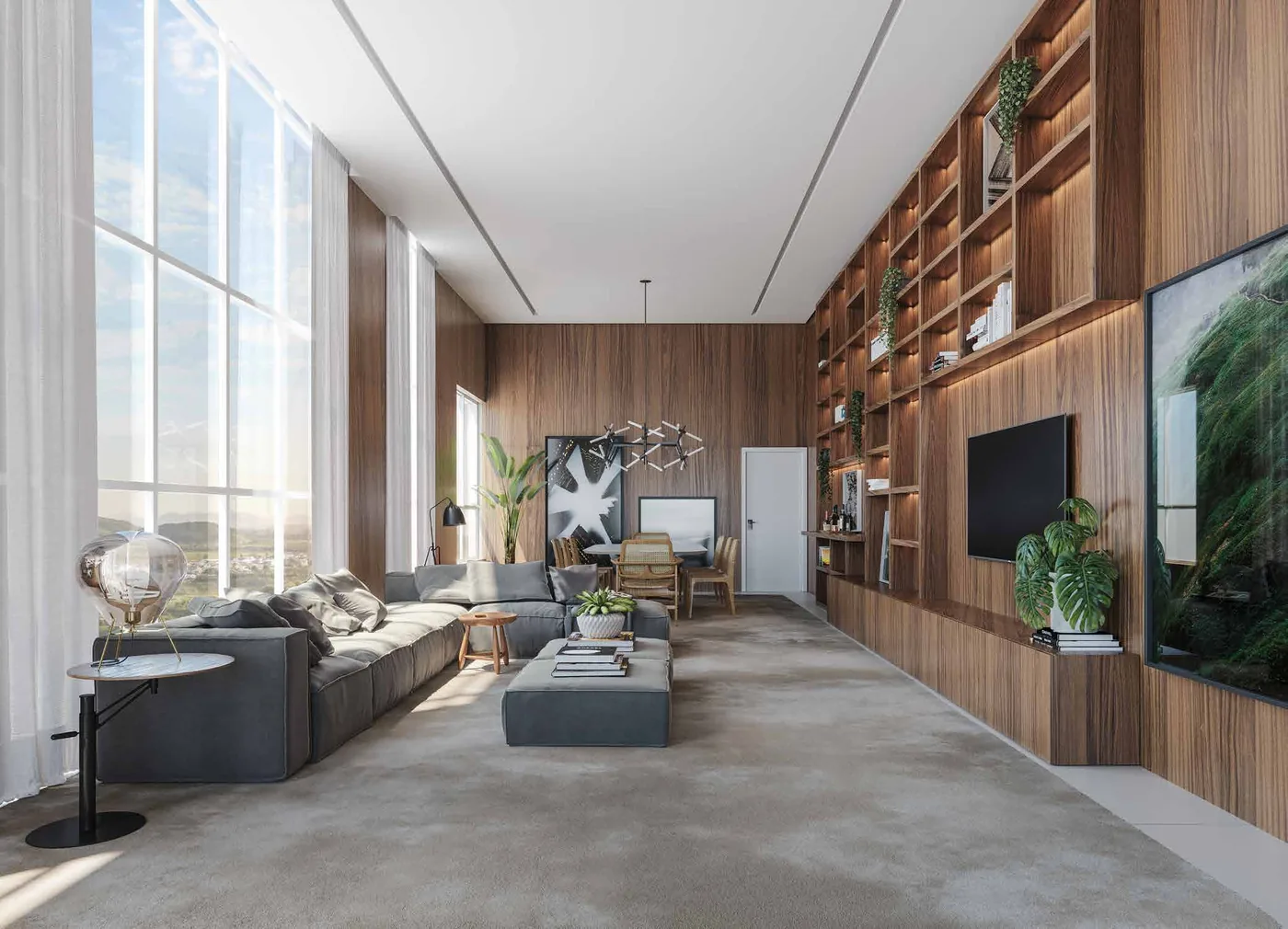 Living da cobertura duplex, de pé-direito alto, com marcenaria escura, lareira e vista para a cidade