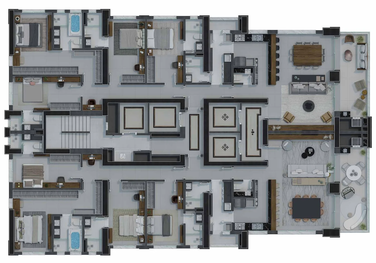 Planta do apartamento tipo de 213,72 m², com living, varanda, cozinha, área de serviço, office e as quatro suítes
