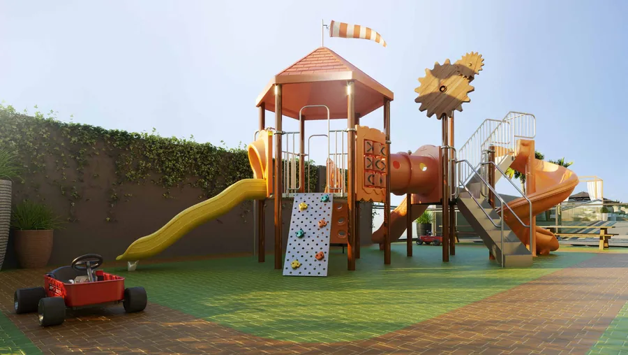 Playground ao ar livre com escorregador, casinha de madeira e piso emborrachado colorido