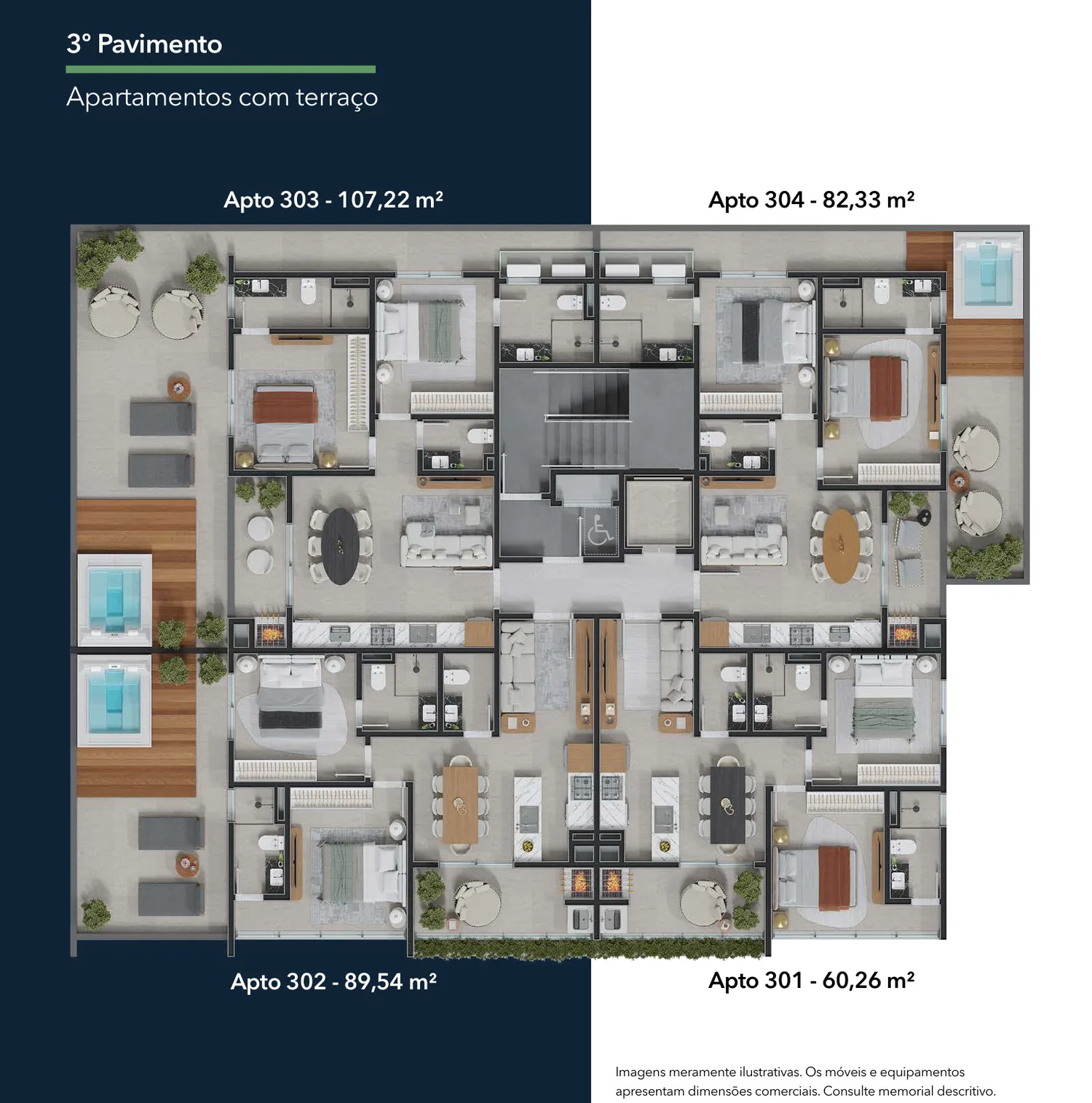 Planta do terceiro pavimento, com os quatro apartamentos com terraço e a metragem de cada um