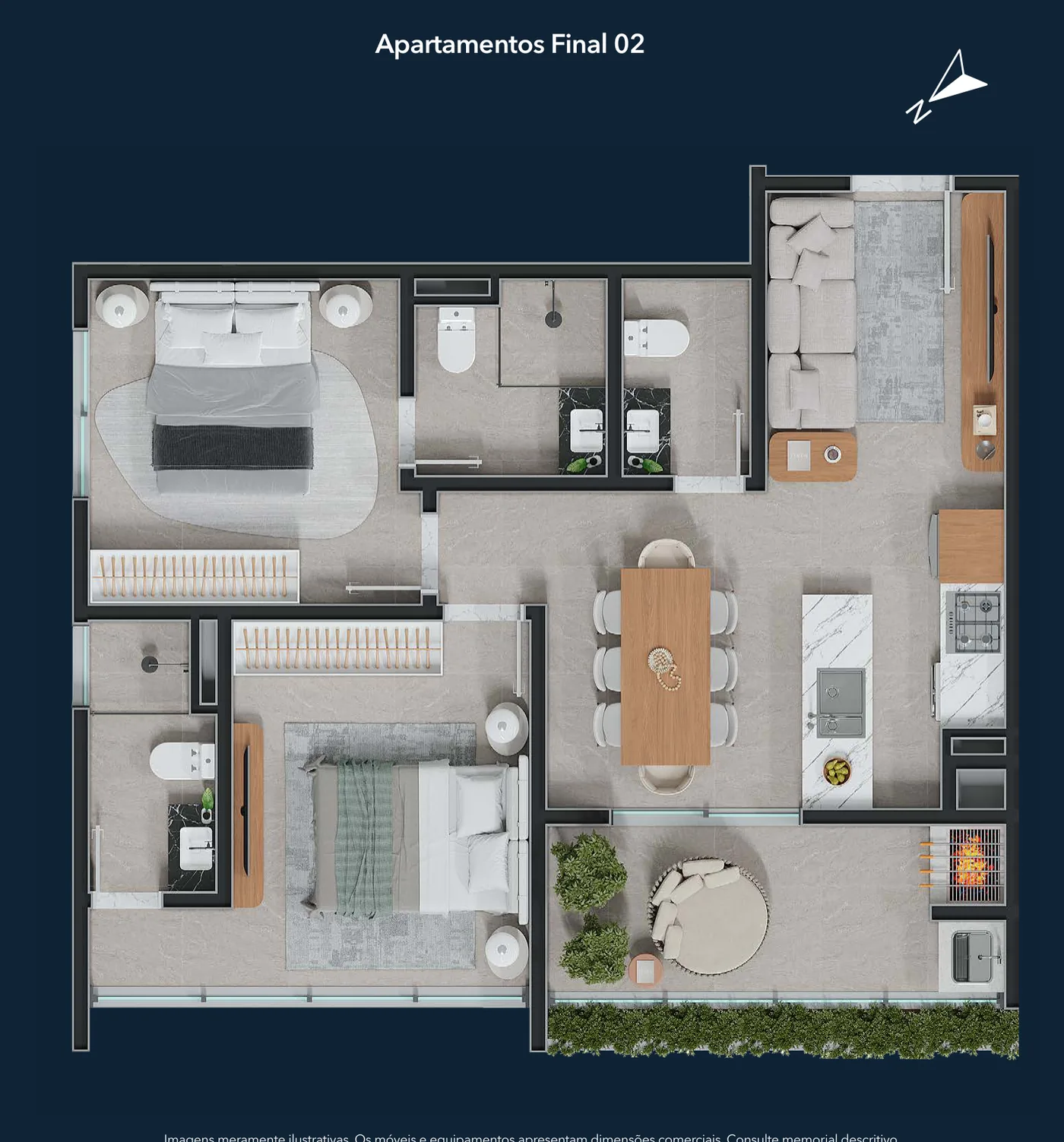 Planta ampliada do apartamento Final 02, com sala integrada à cozinha, suíte, dormitório e sacada com churrasqueira