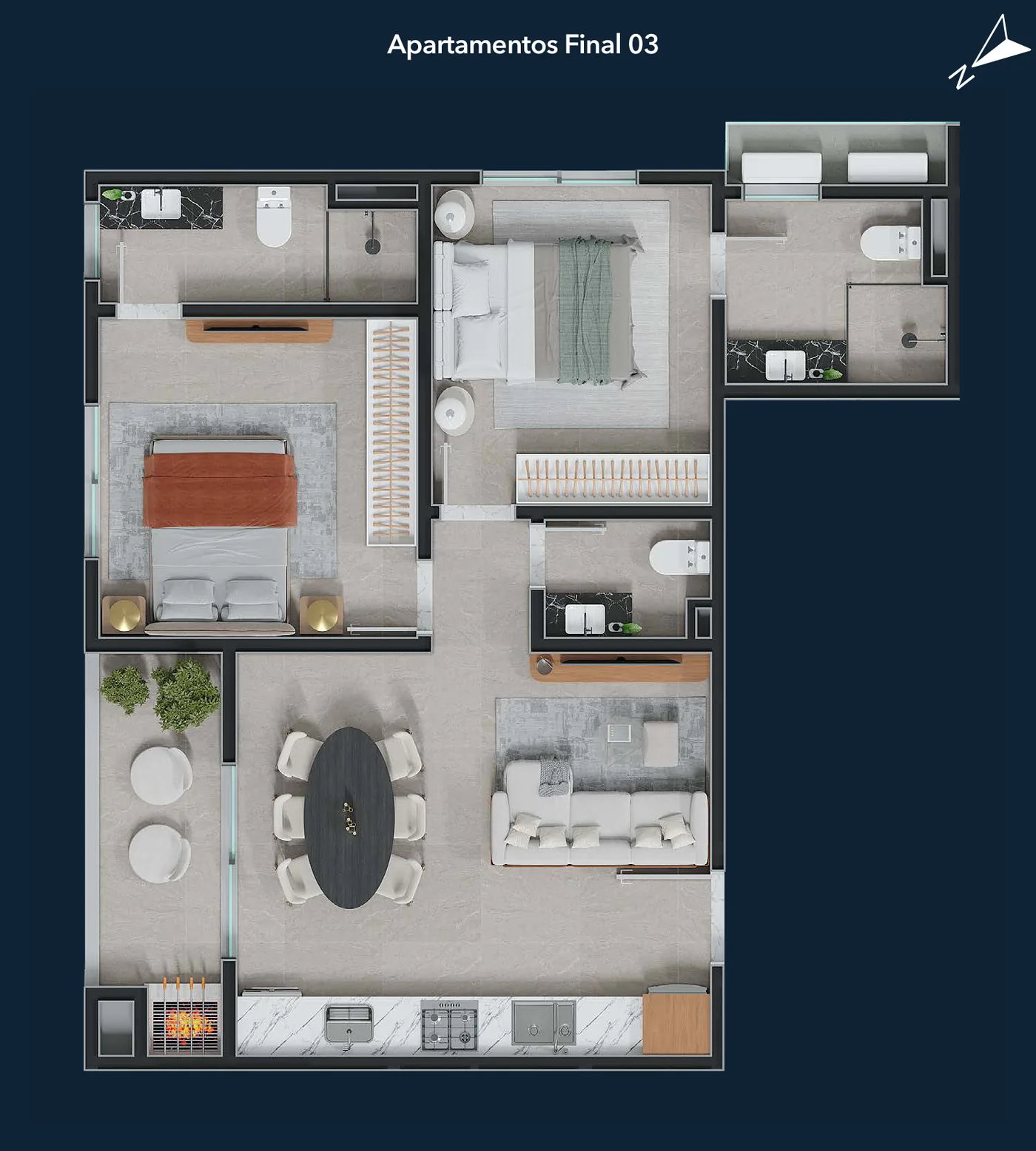 Planta ampliada do apartamento Final 03, com sala integrada à cozinha, suíte, dormitório e sacada com churrasqueira
