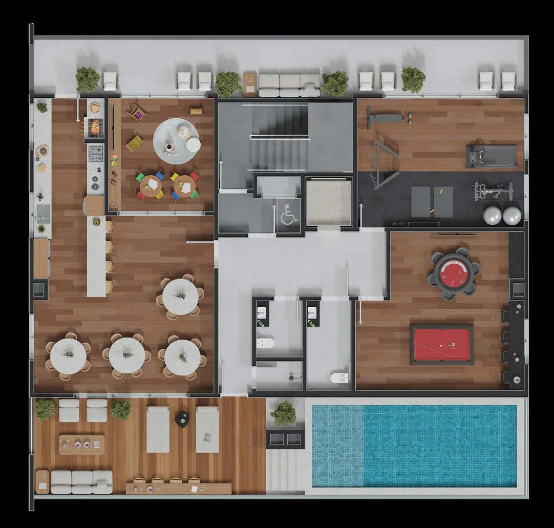 Planta da área de lazer do rooftop, com os nove ambientes numerados em volta da piscina elevada
