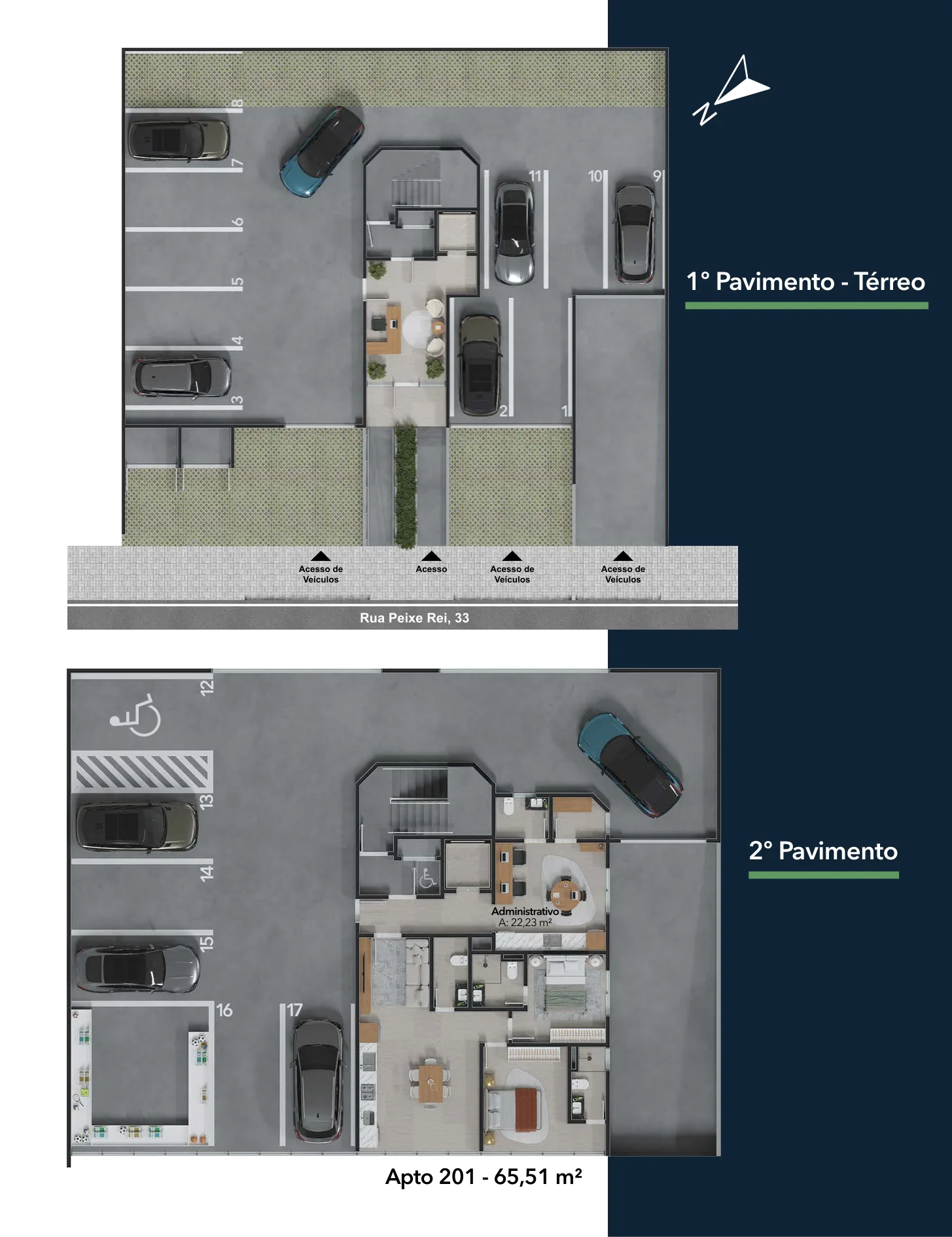Plantas do térreo e do segundo pavimento, com o acesso de veículos, o acesso social e o apartamento 201